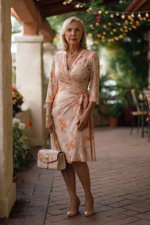 A woman over 60 in a pastel peach wrap dress with a subtle floral print and a structured handbag, posing on a patio with string lights and florals 