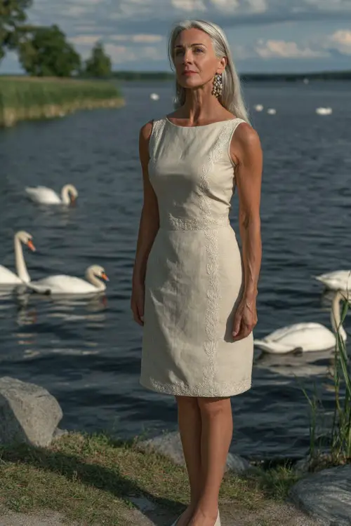 A woman over 60 wearing a cream sleeveless shift dress with subtle embroidery and beaded earrings, posing by a small lake with white swans at a formal wedding 