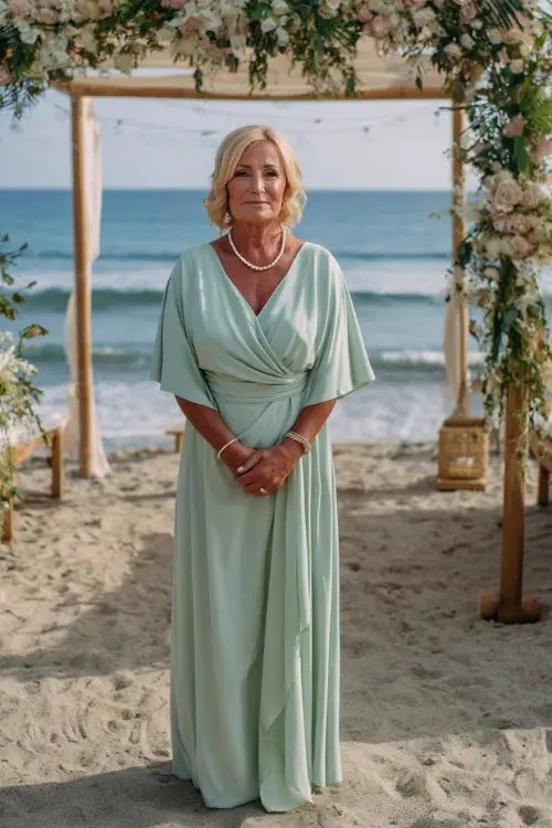 A woman over 60 wearing a light mint green maxi dress with flutter sleeves and a pearl necklace, posing in front of a decorated pergola at a beachside wedding 