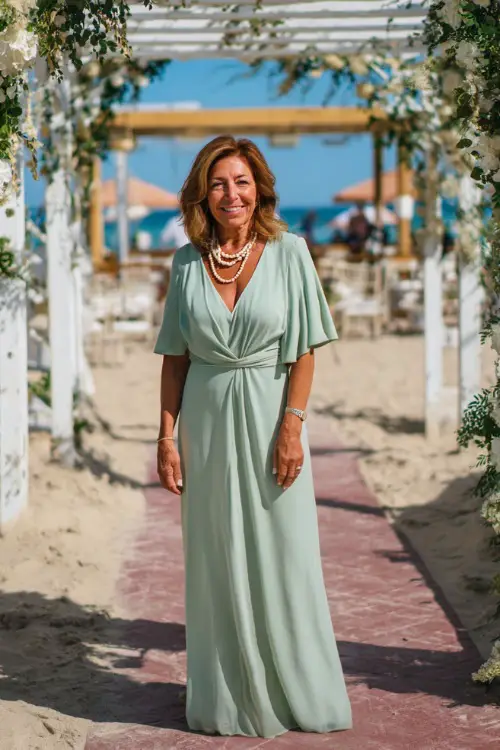 A woman over 60 wearing a light mint green maxi dress with flutter sleeves and a pearl necklace, posing in front of a decorated pergola at a beachside wedding