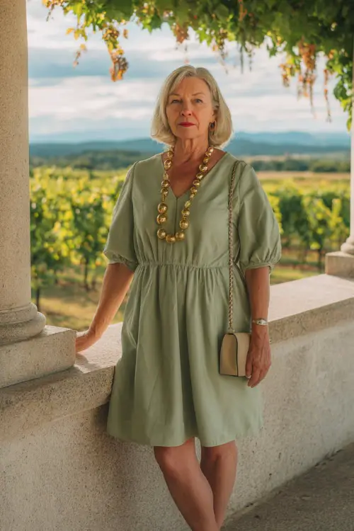 A woman over 60 wearing a soft green A-line dress with short puff sleeves and gold accessories, standing on a terrace with vineyard views and summer sun 
