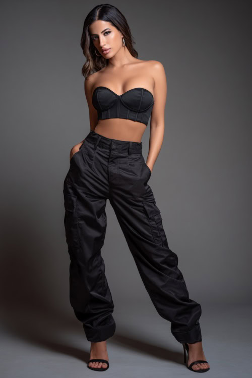 A woman wearing a black corset top with high-rise cargo pants and heeled sandals, styled for a bold and trendy NYC summer night look, simple studio background 
