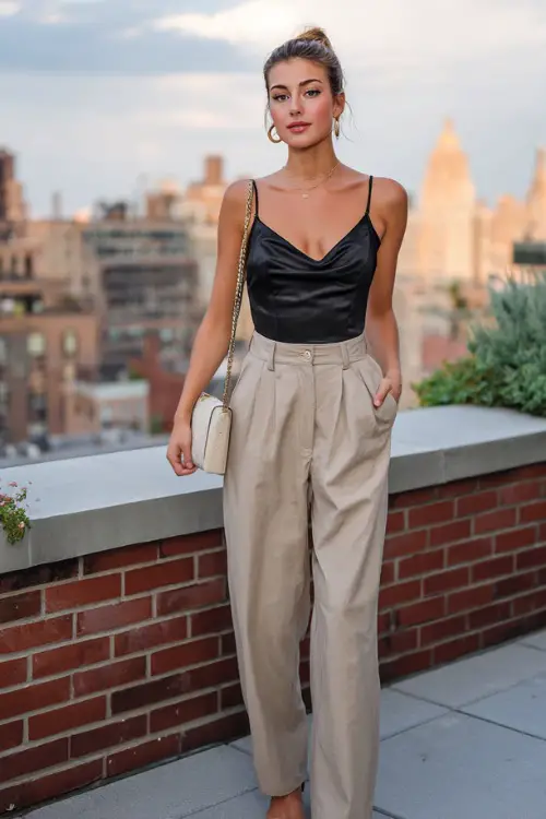 A woman wearing a black satin camisole tucked into high-waisted beige trousers with strappy heels and a mini bag, styled for an NYC rooftop dinner 