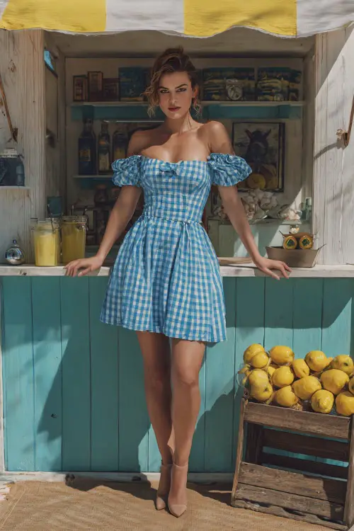 A woman wearing a blue and white gingham sundress with short puff sleeves and neutral sandals, posing near a lemonade stand at a casual summer reception 