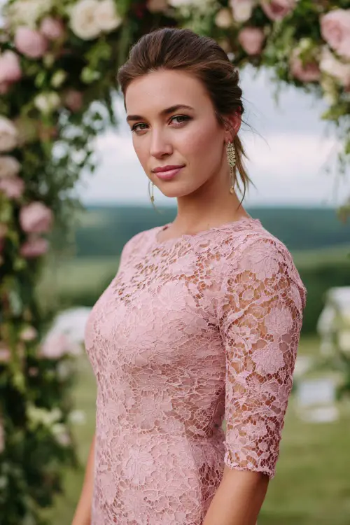 A woman wearing a blush pink lace sheath dress with elbow-length sleeves and drop earrings, standing beneath a floral arch at a formal outdoor wedding 