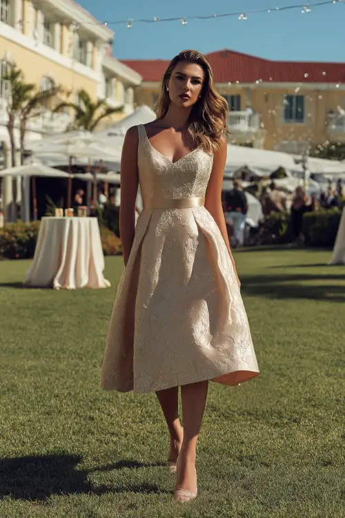 A woman wearing a champagne A-line midi dress with lace appliqué and satin heels, walking across a manicured lawn with cocktail tables and string lights 
