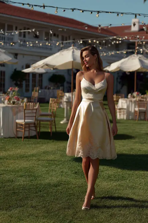 A woman wearing a champagne A-line midi dress with lace appliqué and satin heels, walking across a manicured lawn with cocktail tables and string lights