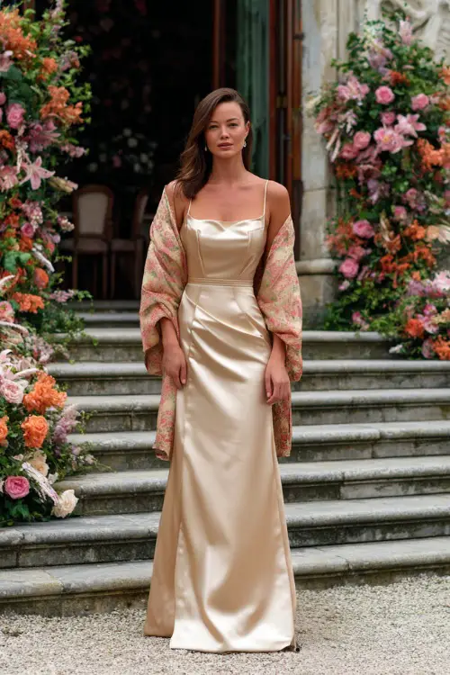 A woman wearing a champagne satin formal gown with a square neckline and matching shawl, standing in front of an ornate wedding venue with floral steps 