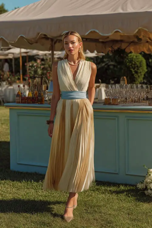 A woman wearing a cream and light blue pleated midi dress with a ribbon waist and pearl drop earrings, walking beside a champagne bar on a wedding lawn 
