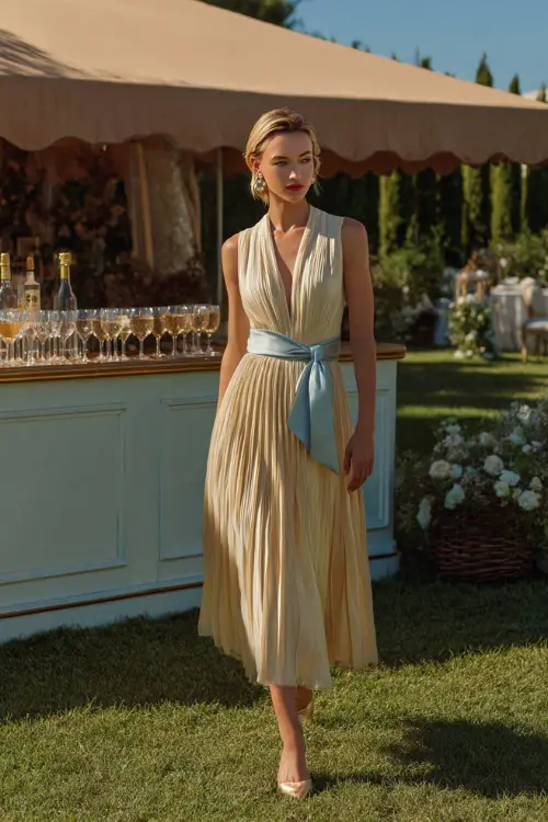 A woman wearing a cream and light blue pleated midi dress with a ribbon waist and pearl drop earrings, walking beside a champagne bar on a wedding lawn