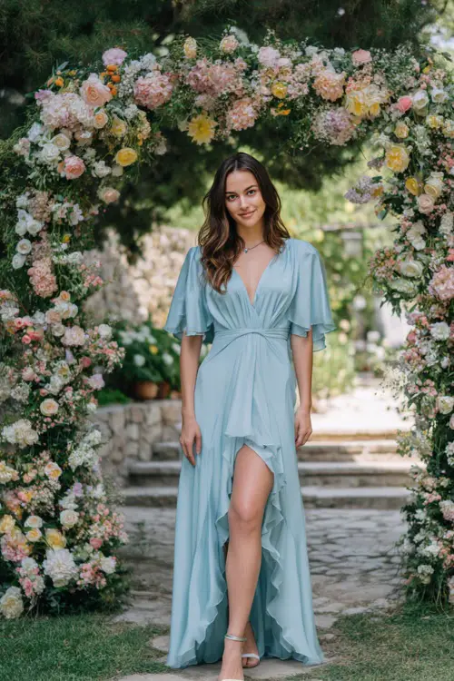 A woman wearing a light blue flowy chiffon dress with flutter sleeves and silver sandals, standing near a floral arch at a garden summer wedding