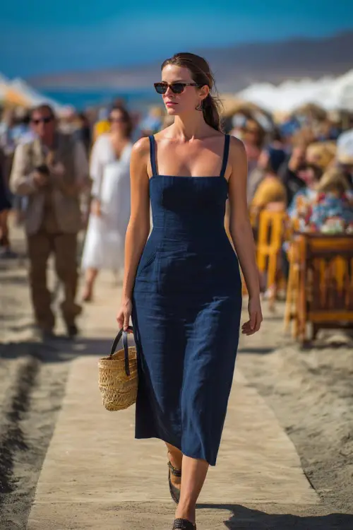 A woman wearing a navy blue midi sundress with a square neckline and straw bag, walking along a path near the beach with wedding guests in the background 