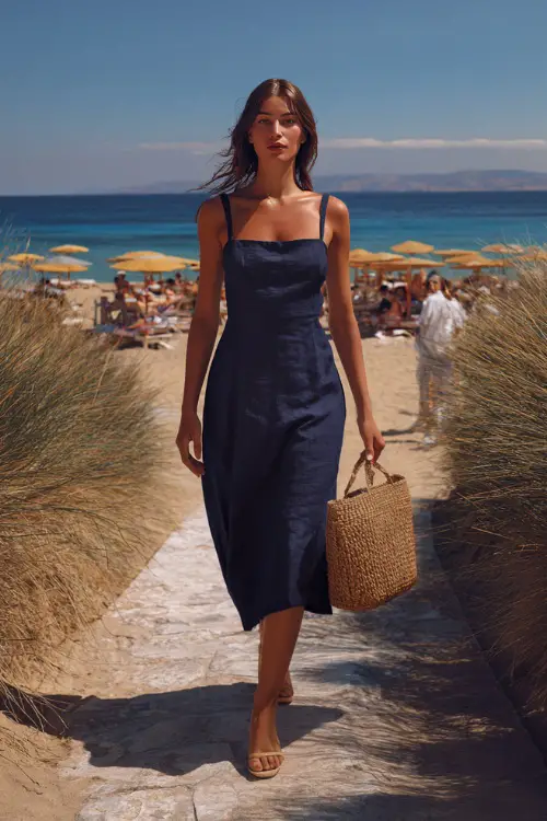 A woman wearing a navy blue midi sundress with a square neckline and straw bag, walking along a path near the beach with wedding guests in the background