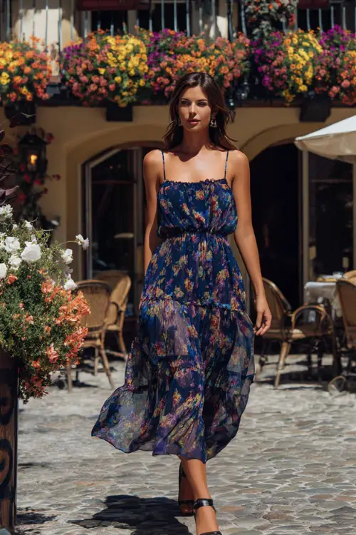 A woman wearing a navy flowy chiffon midi dress with sheer layers and ankle strap heels, walking along a cobblestone patio decorated with summer florals 