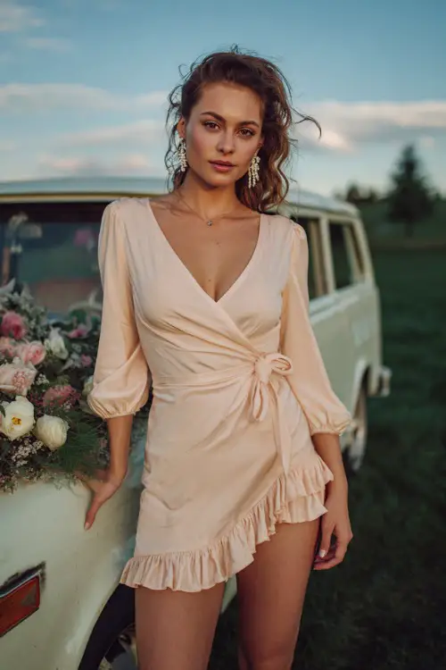 A woman wearing a pale peach short wrap dress with ruffle hem and delicate earrings, standing beside a vintage car decorated with flowers at a countryside wedding 