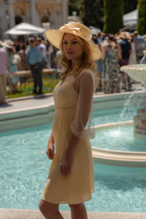 A woman wearing a pale yellow midi dress with sheer sleeves and a matching hat, posing near a fountain surrounded by summer wedding guests 