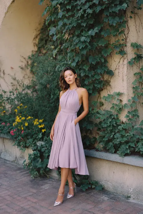 A woman wearing a pastel lilac flowy midi dress with soft pleats and metallic heels, posing by a garden wall covered in vines at a romantic summer wedding 