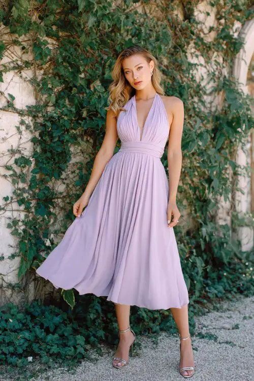 A woman wearing a pastel lilac flowy midi dress with soft pleats and metallic heels, posing by a garden wall covered in vines at a romantic summer wedding