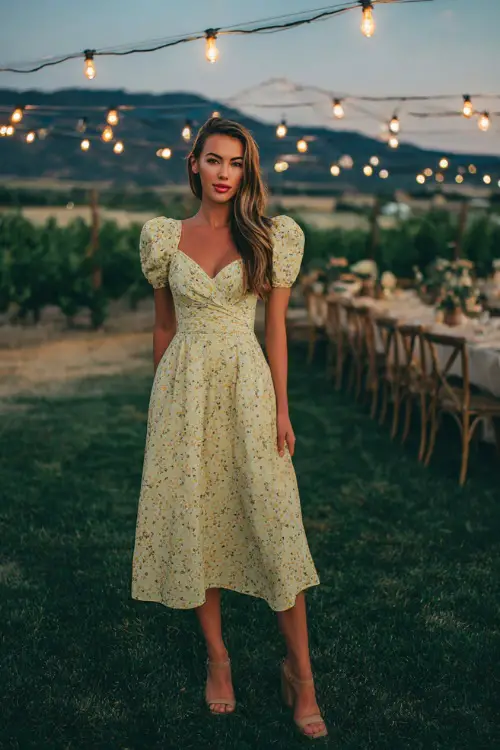 A woman wearing a pastel yellow floral midi dress with short puff sleeves and wedge heels, posing under hanging string lights at a vineyard wedding reception 