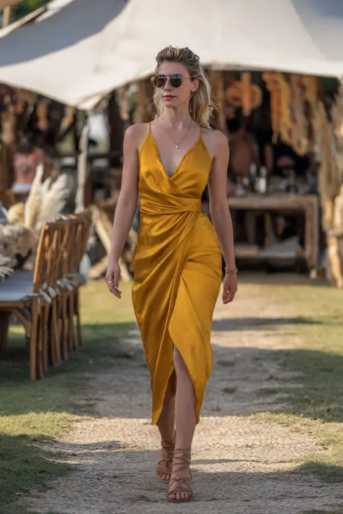 A woman wearing a satin mustard yellow wrap cocktail dress with strappy sandals and sunglasses, walking through a boho-themed outdoor wedding setup