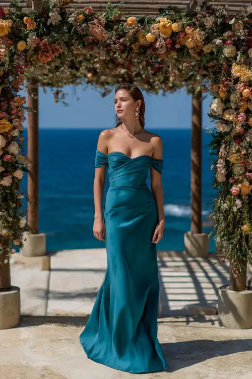 A woman wearing a teal off-shoulder gown with a subtle train and delicate earrings, standing near a floral-covered pergola at a destination wedding by the sea 
