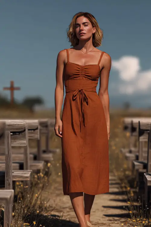 A woman wearing a terracotta midi dress with tie straps and espadrilles, standing near wooden benches at an outdoor ceremony space in a meadow 
