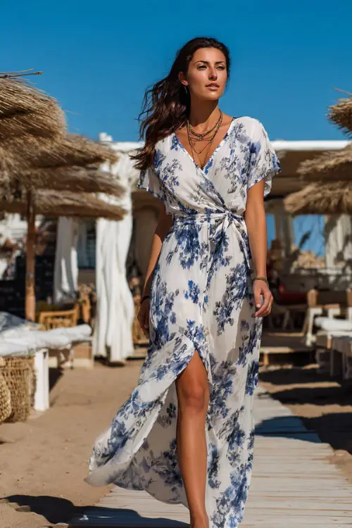 A woman wearing a white and blue floral flowy midi dress with short sleeves and flat sandals, walking through a boho-style wedding venue on the beach 