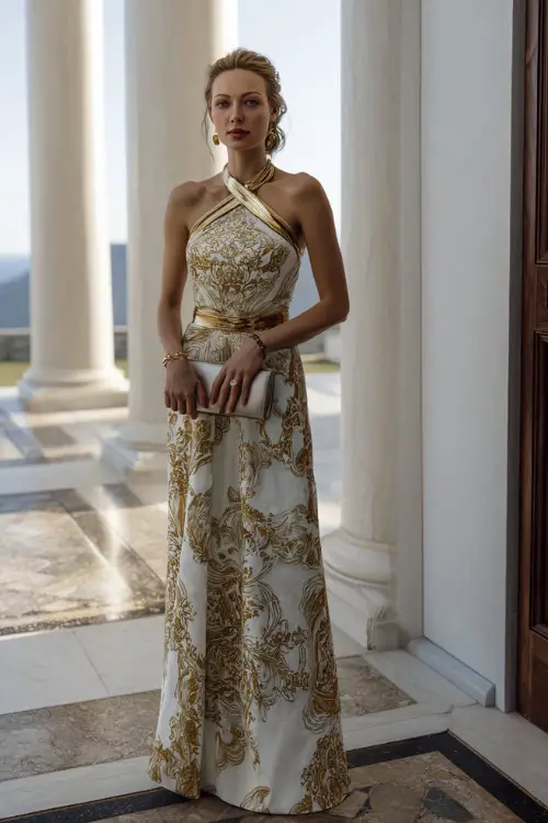 A woman wearing a white and gold embroidered gown with a high neckline and matching clutch, standing at the entrance of a luxurious summer wedding estate 