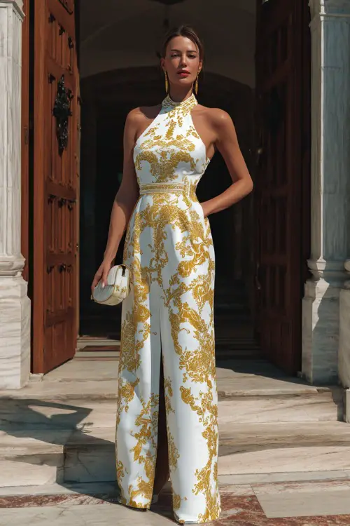 A woman wearing a white and gold embroidered gown with a high neckline and matching clutch, standing at the entrance of a luxurious summer wedding estate 
