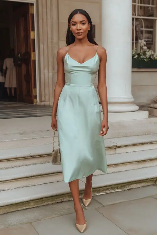 a black woman wears a sage satin slip dress with champagne pumps for going out in summer