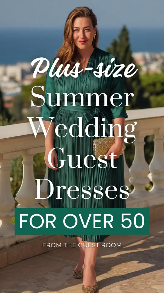 a plus size woman over 50 wears a green pleated summer wedding guest dress