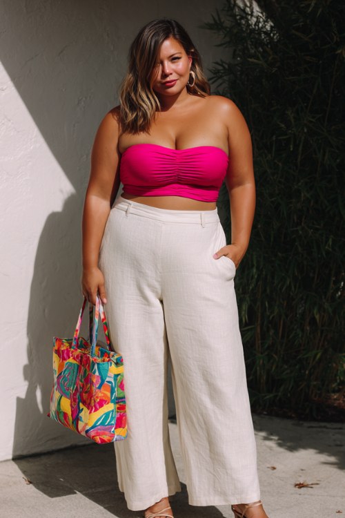 a plus-size woman wearing a fitted hot pink smocked bandeau top with wide-leg linen pants, strappy heeled sandals, and a colorful tote bag