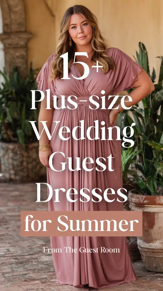 a plus size woman wears a pink wedding guest dress for summer