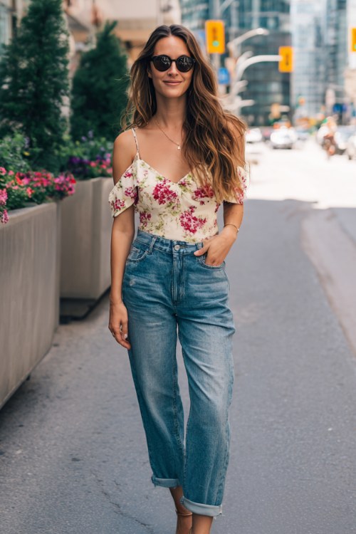 a woman wears a casual going out outfit for summer