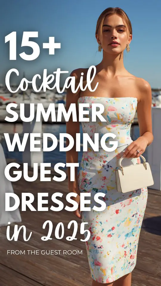 a woman wears a cocktail summer wedding guest dress