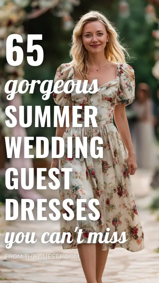 a woman wears a floral summer wedding guest dress