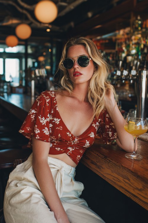 a woman wears a going out outfit for summer bar with a red floral crop top and white pants