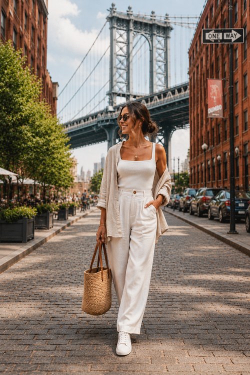 a woman wears a summer going out outfit for NYC