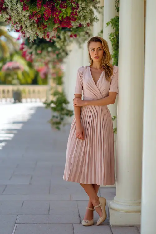 woman wearing a pastel pink wrap midi dress with a pleated skirt and low block heels, posing near a white-columned venue with hanging florals 