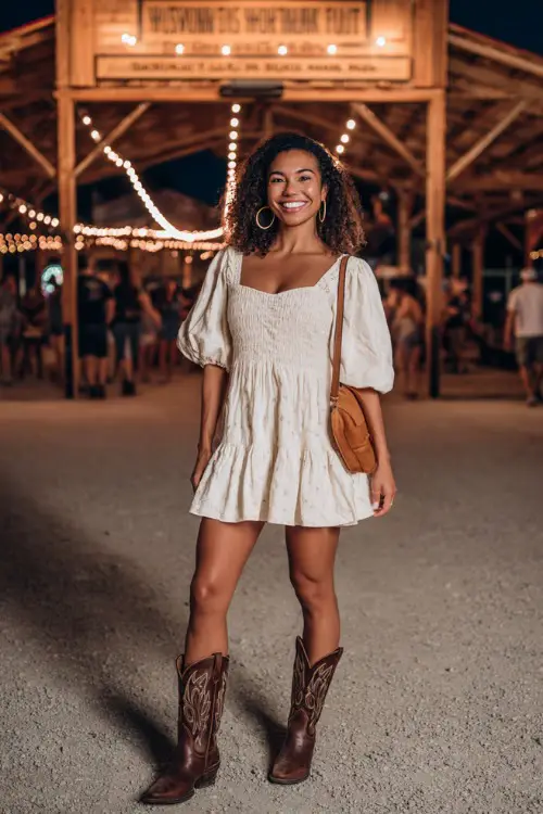 A midsize woman in a ruffle hem mini dress with puff sleeves and brown western boots, accessorized with hoop earrings and a leather bag 