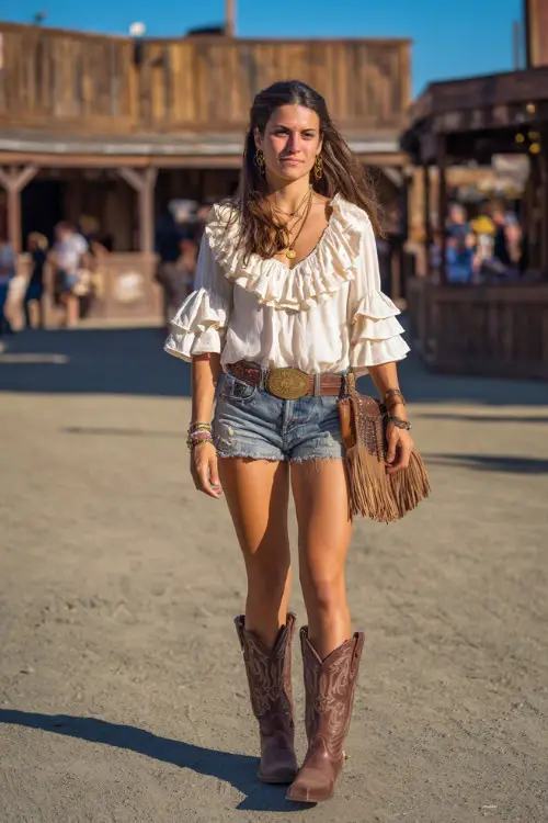 A midsize woman in high-rise denim shorts, a ruffle sleeve blouse, and brown cowgirl boots, accessorized with gold jewelry and a mini fringe bag 