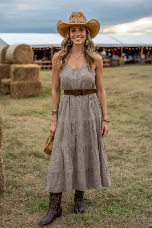 A midsize woman wearing a belted sleeveless midi dress with tiered layers, dark brown cowboy boots, and a straw hat 
