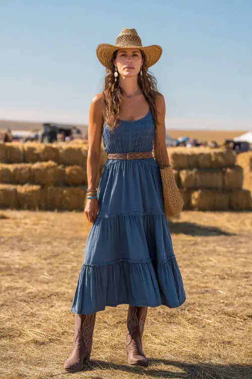 A midsize woman wearing a belted sleeveless midi dress with tiered layers, dark brown cowboy boots, and a straw hat 