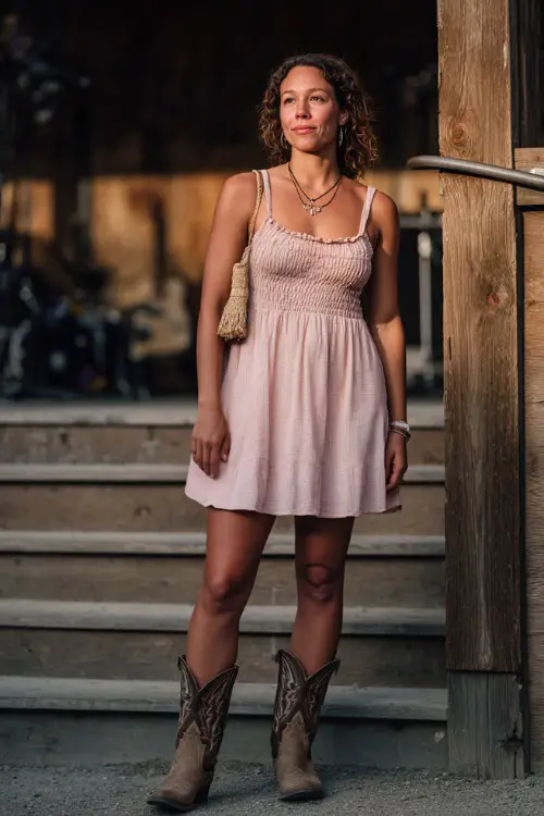 A midsize woman wearing a soft pink sundress with ruffled straps and brown cowgirl boots, accessorized with a straw crossbody purse and a simple necklace 