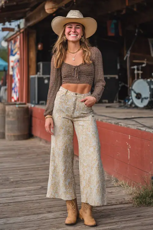 A midsize woman wearing wide-leg cropped pants, a tucked-in smocked top, and tan cowboy boots, accessorized with a straw hat and gold jewelry