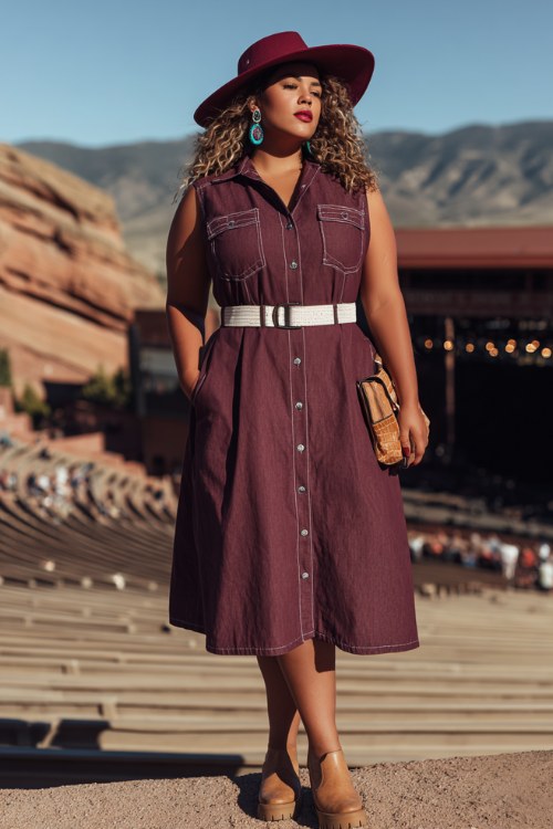 A plus-size woman wears a fashion-forward country concert look a fitted sleeveless western shirt dress in deep burgundy chambray