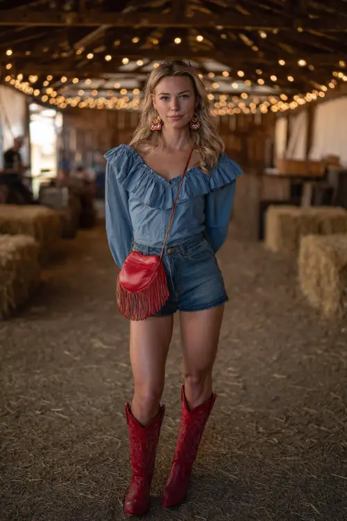 A woman in a denim mini skirt, tucked-in ruffle blouse, and red cowboy boots, accessorized with bold earrings and a fringe bag