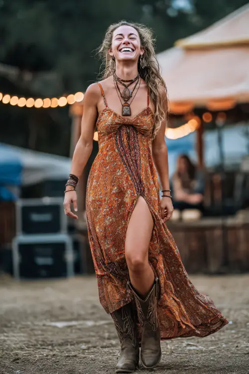 A woman in a printed maxi dress with side slits, styled with dark brown cowgirl boots and layered necklaces 