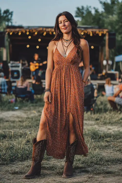 A woman in a printed maxi dress with side slits, styled with dark brown cowgirl boots and layered necklaces 