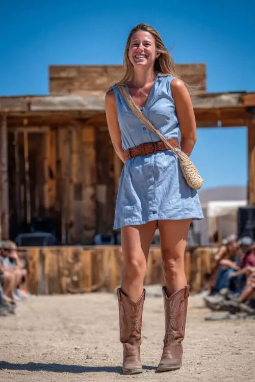 A woman in a sleeveless button-front cotton dress with a belted waist, paired with brown western boots and a straw crossbody bag 